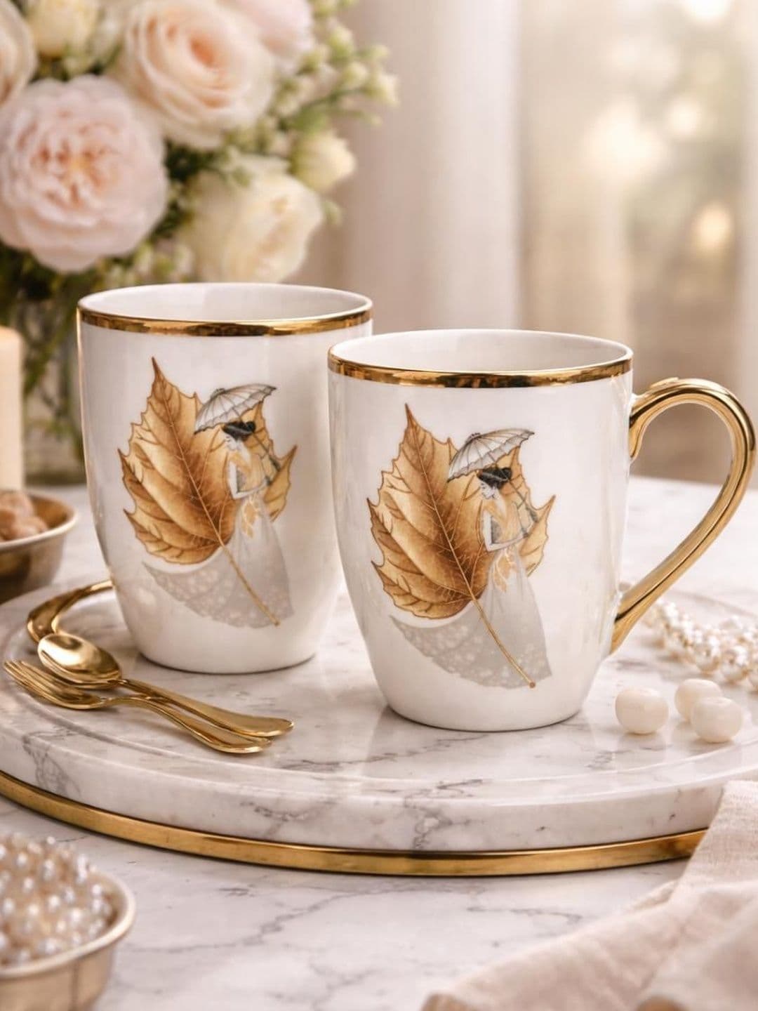 RUHANI HOMES Set Of 2 White Porcelain Printed Mugs - view 1