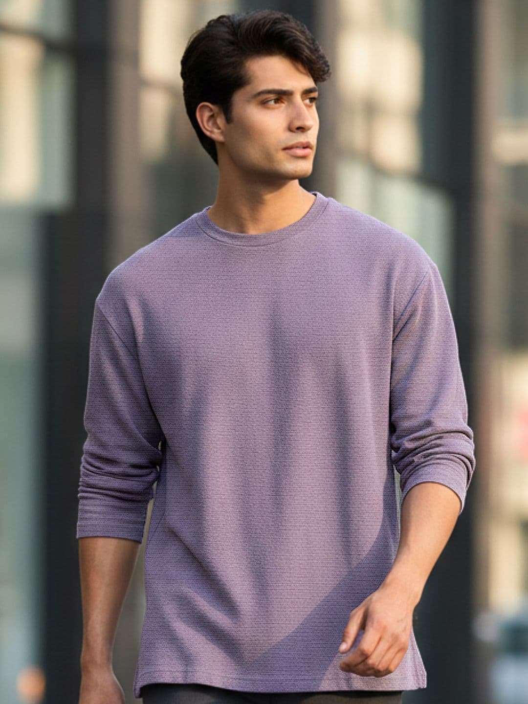 Urbano Fashion Men Textured Round Neck Oversized Full Sleeve Cotton T-Shirt - view 1