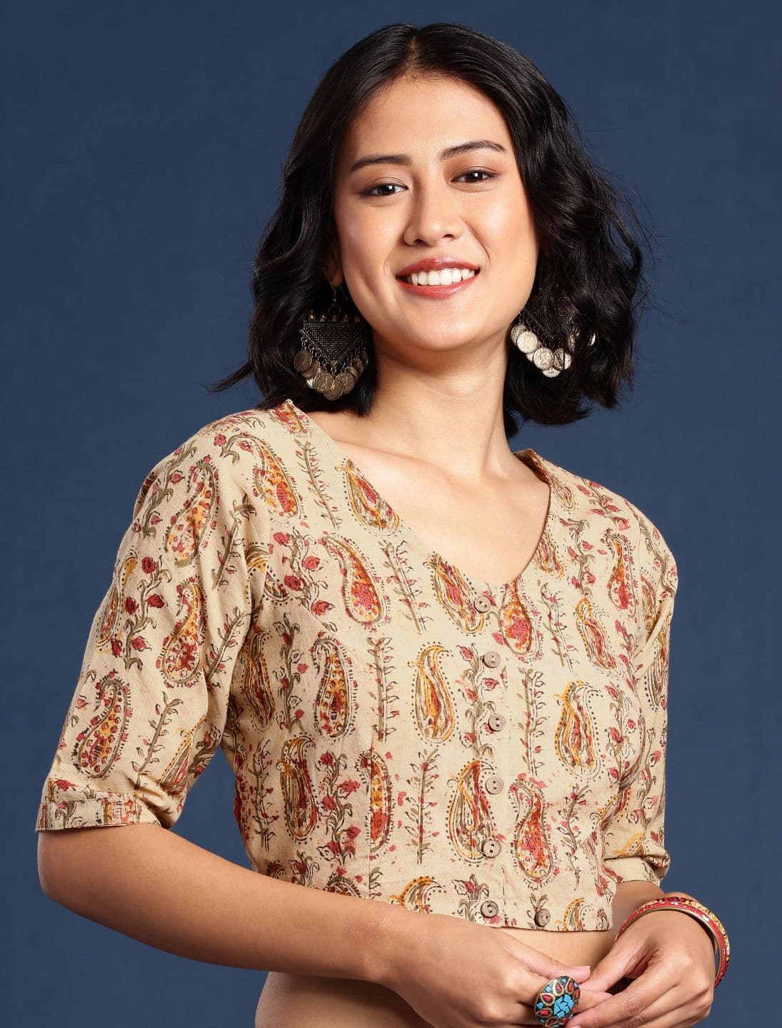 Taavi Kalamkari Printed Cotton Non Paded Saree Blouse - view 1