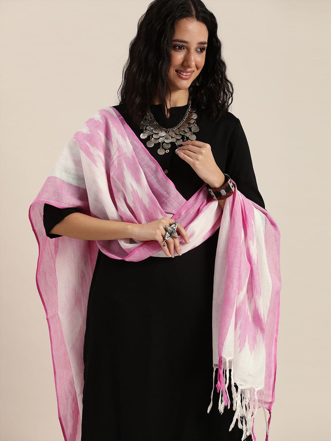 Taavi White & Lavender Woven Design Pure Cotton Ikat Dupatta - view 1