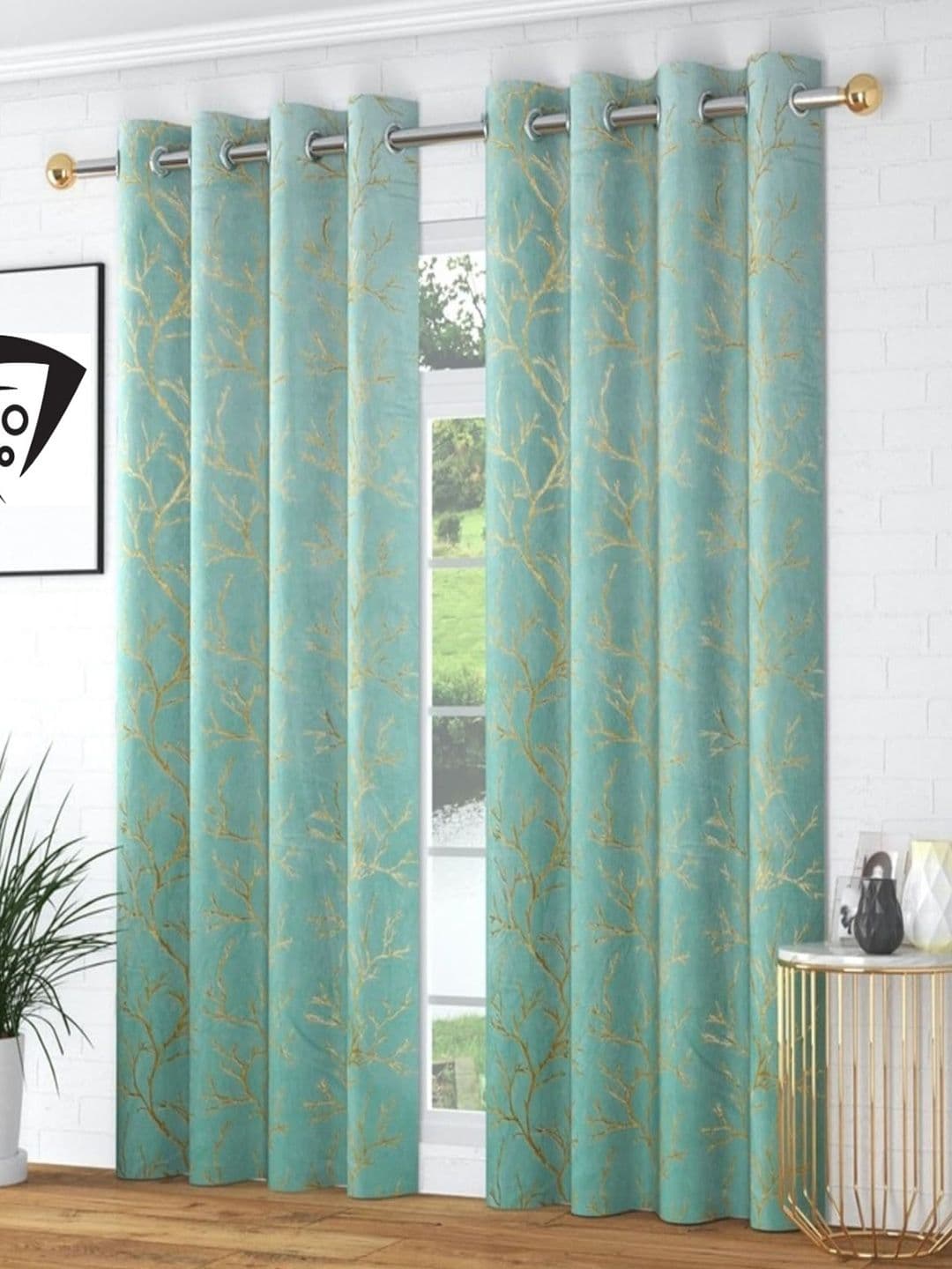 Aura Turquoise Blue Abstract Velvet 2 Pieces Long Door Room Darkening Eyelet Curtain - view 1