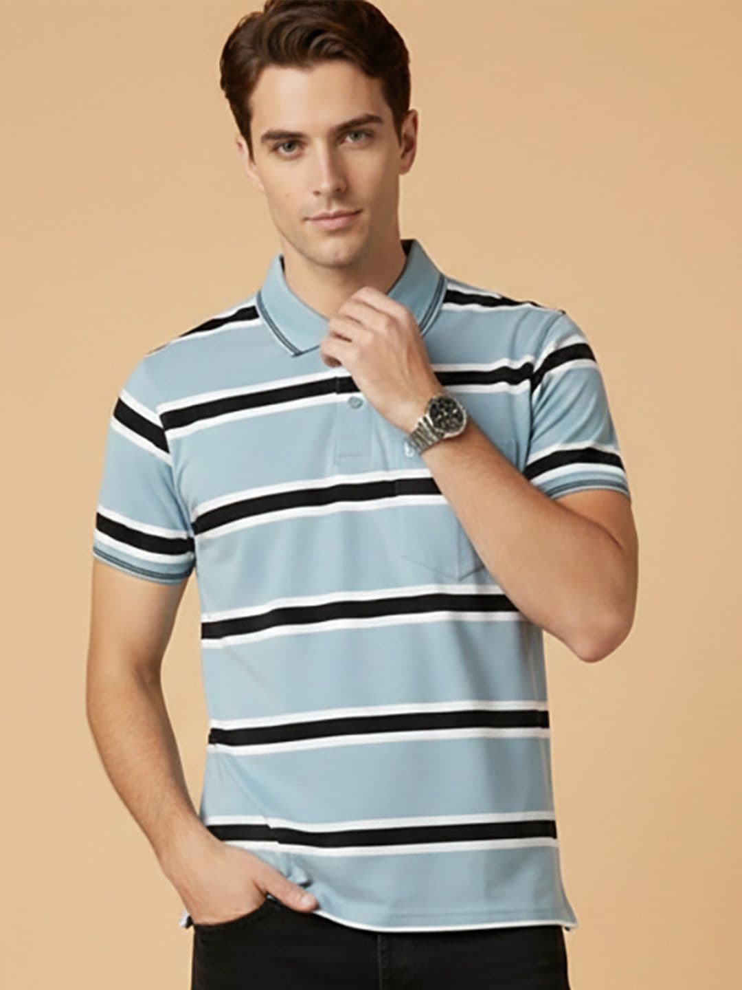 UNIBERRY JEANS Men Striped Polo Collar Pockets T-shirt - view 1