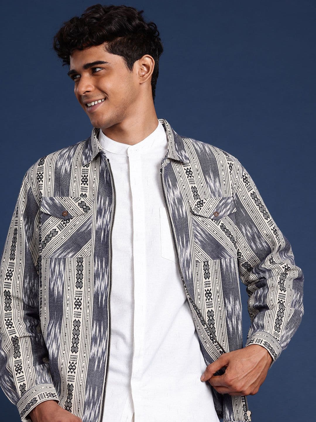 Taavi Cotton Geometric Printed Ikat Jacket - view 1