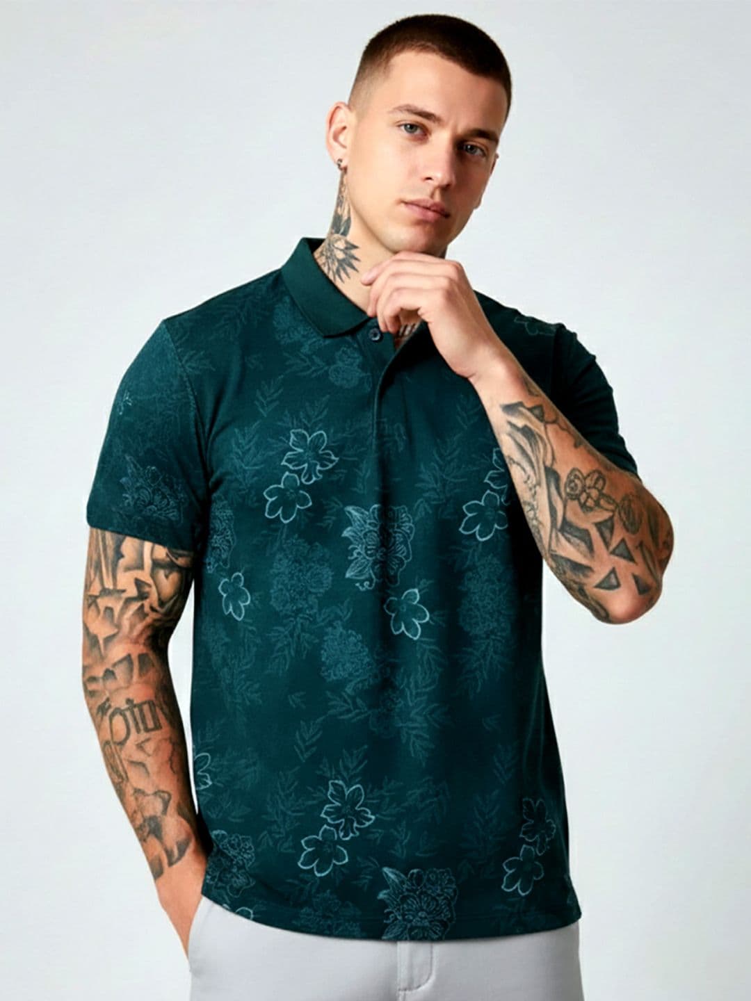 glitchez Men Floral Printed Polo Collar T-shirt - view 1