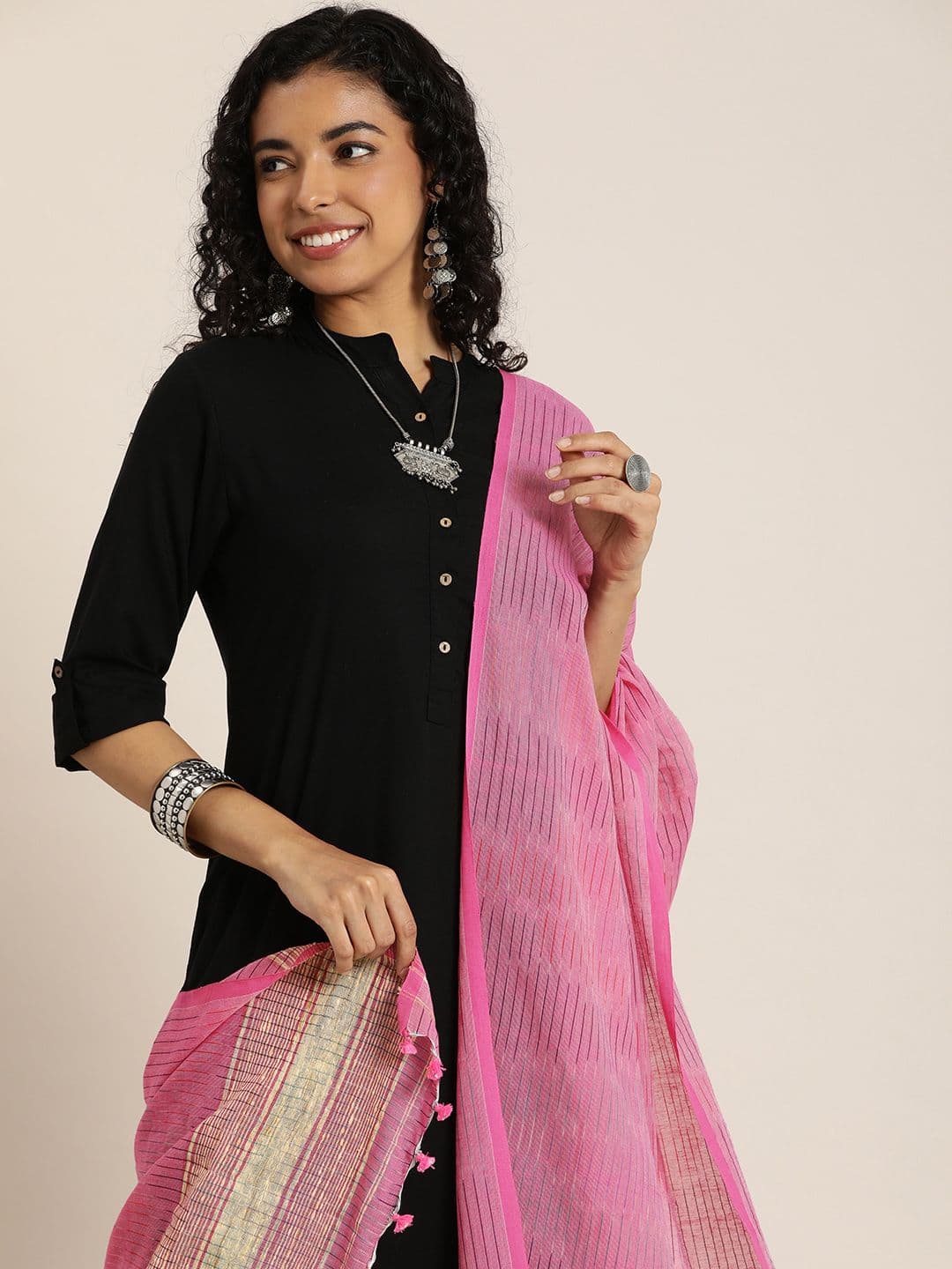 Taavi Pink Woven Design Cotton Ikat Dupatta - view 1