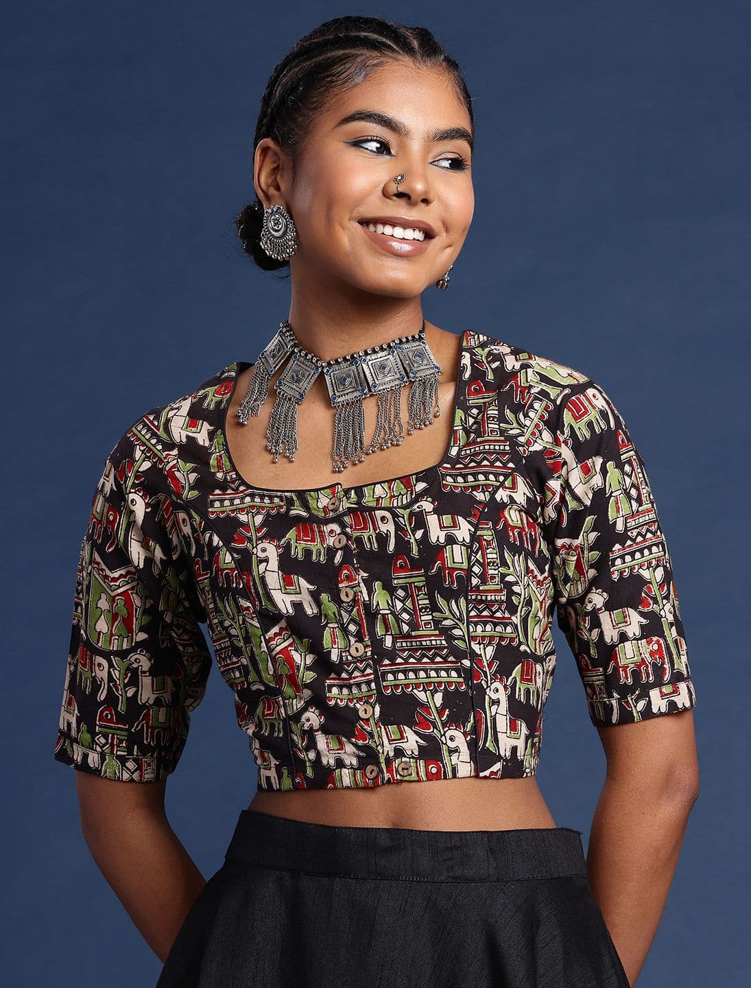Taavi Kalamkari Printed Cotton Non Padded Saree Blouse - view 1