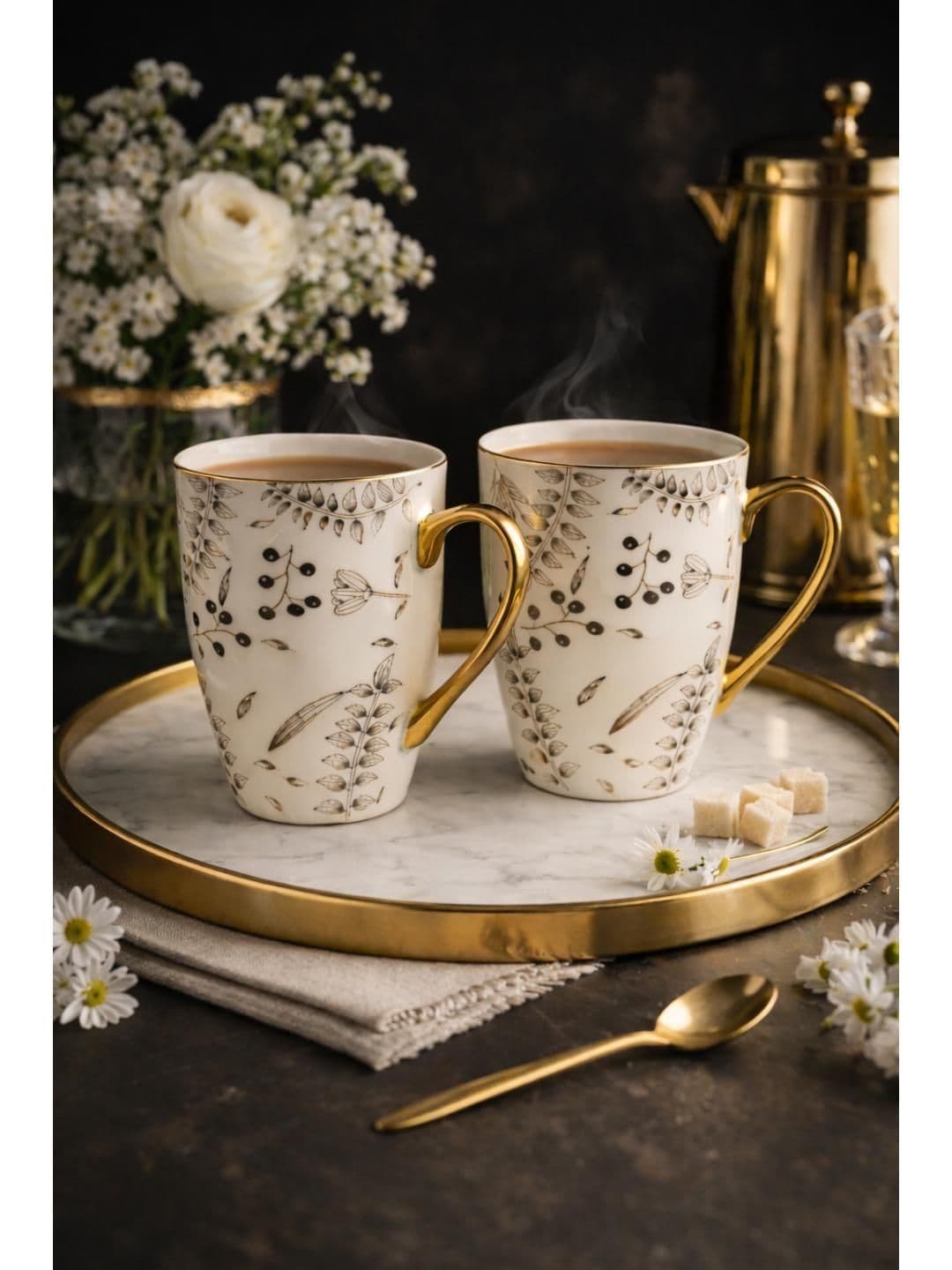 RUHANI HOMES Set Of 2 White Porcelain Leafy Printed Mugs - view 1
