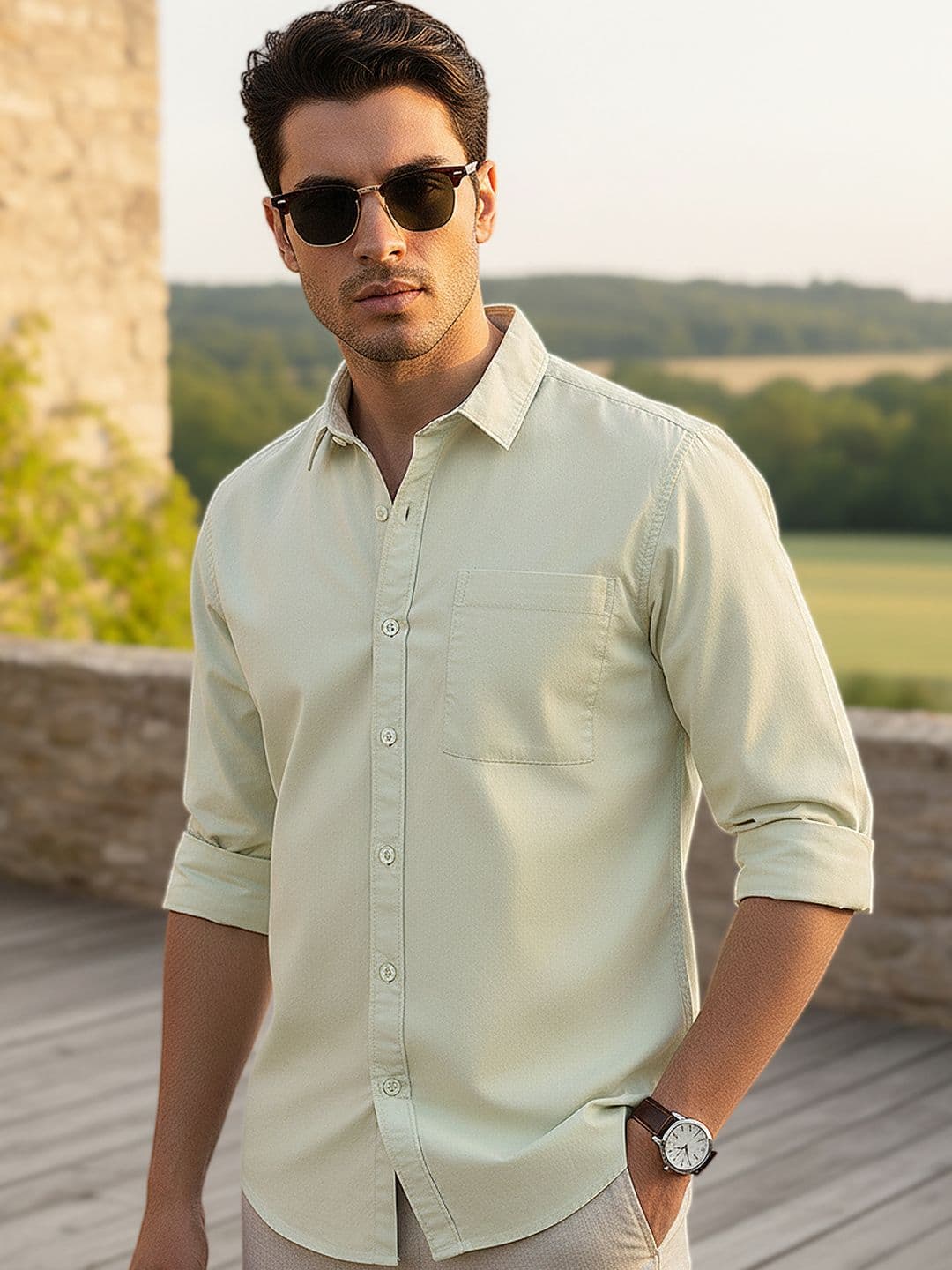 Urbano Fashion Men Spread Collar Solid Cotton Casual Shirt - view 1