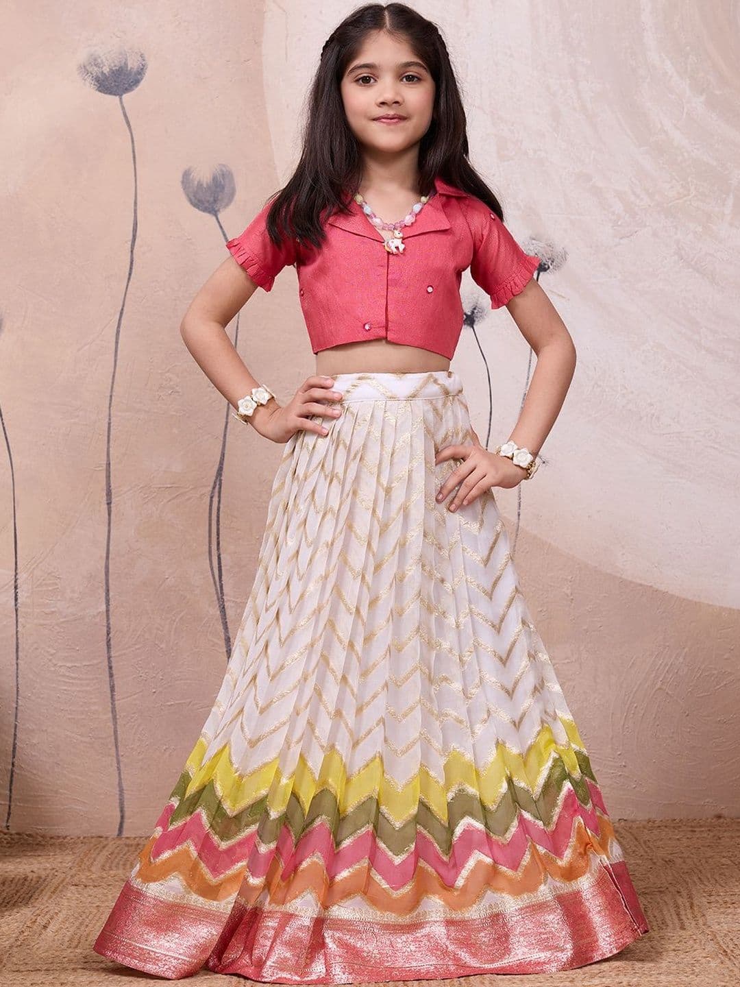 Tasarika Girls Embellished Mirror Work Ready to Wear Lehenga & - view 1