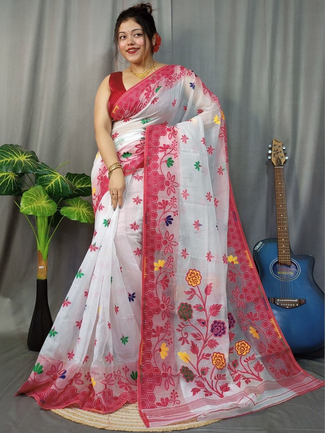 Rnn Saree Floral Embroidered Silk Cotton Jamdani Sarees - view 1