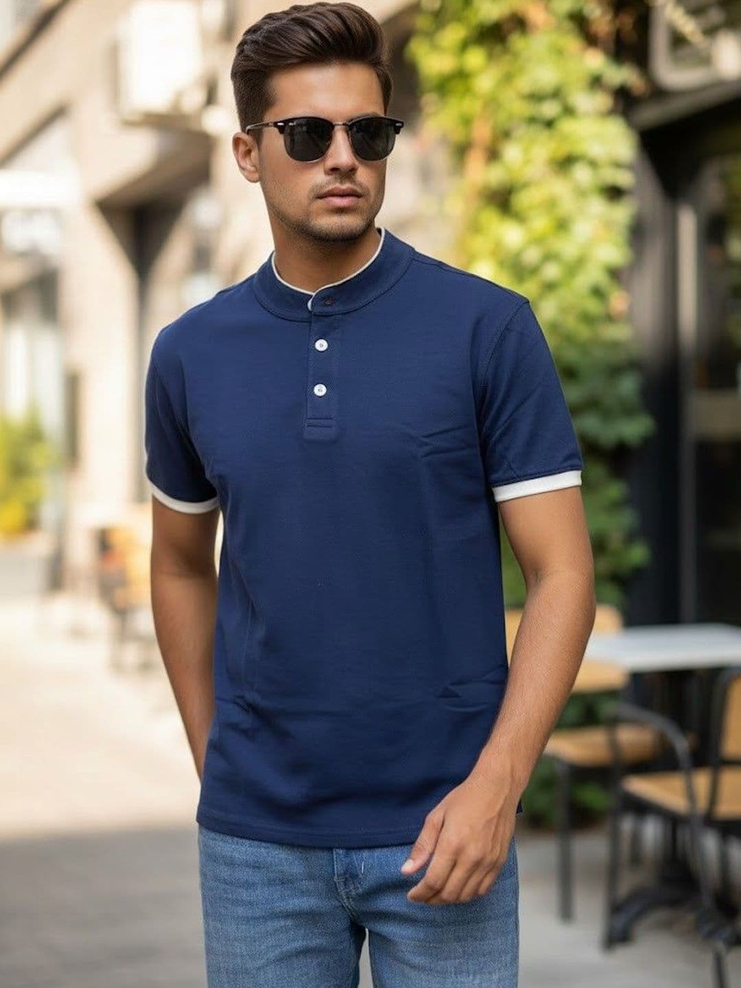 The Roadster Lifestyle Co Pure Cotton Mandarin Collar Tshirt - view 1