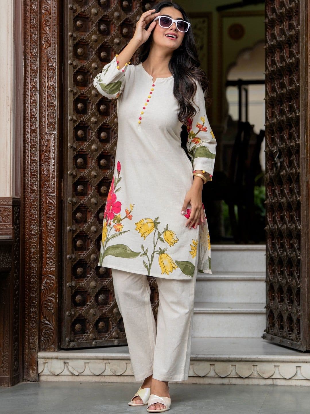 JAIPUR SARAI Printed Round Neck Pure Cotton Tunic & Trousers Co-Ords - view 1