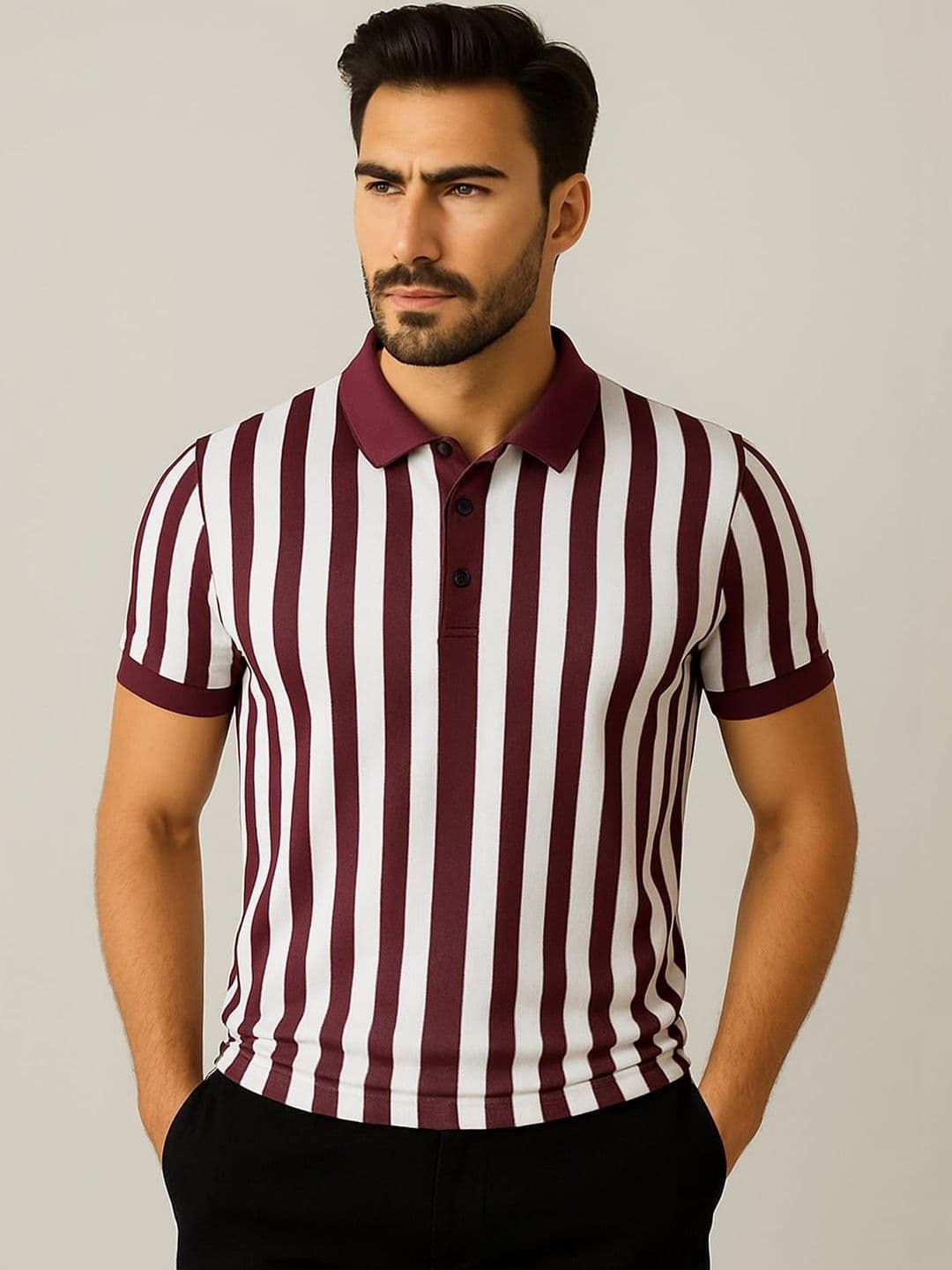 WILD ELEPHANT Men Striped Polo Collar T-shirt - view 1