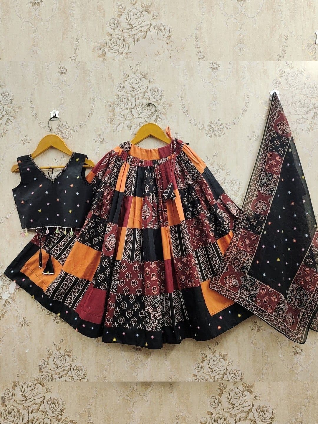 Sangria Girls Printed with Embellished Cotton V-Neck Flared Lehenga Choli & Dupatta - view 1