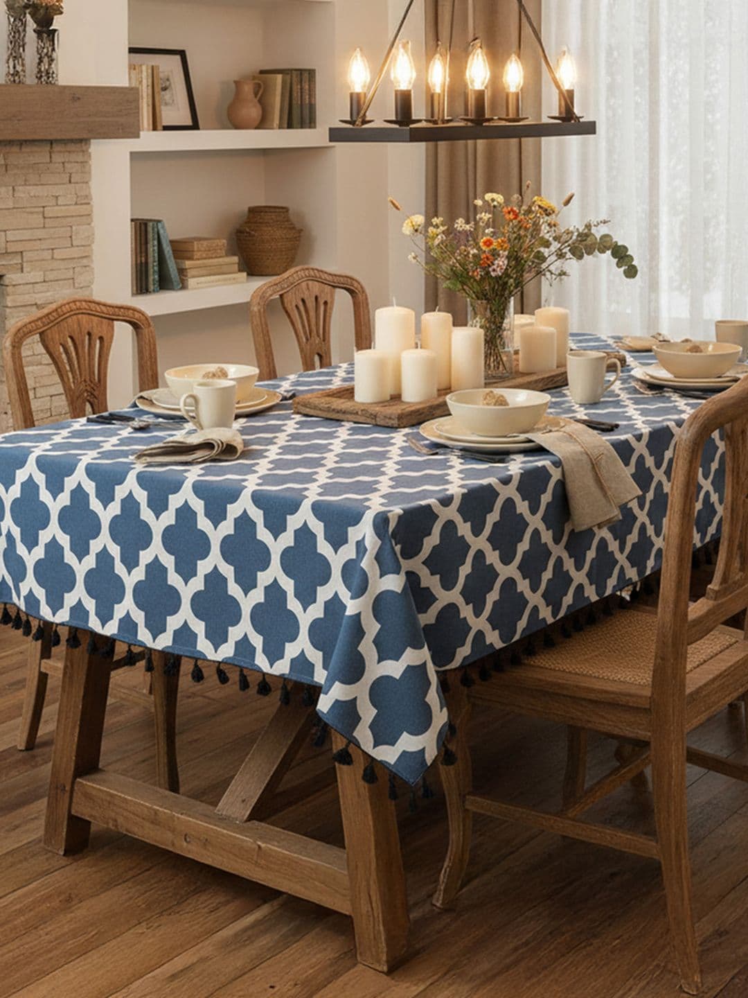 HOMEMONDE Blue Geometric Printed Cotton 4-Seater Table Cover - view 1