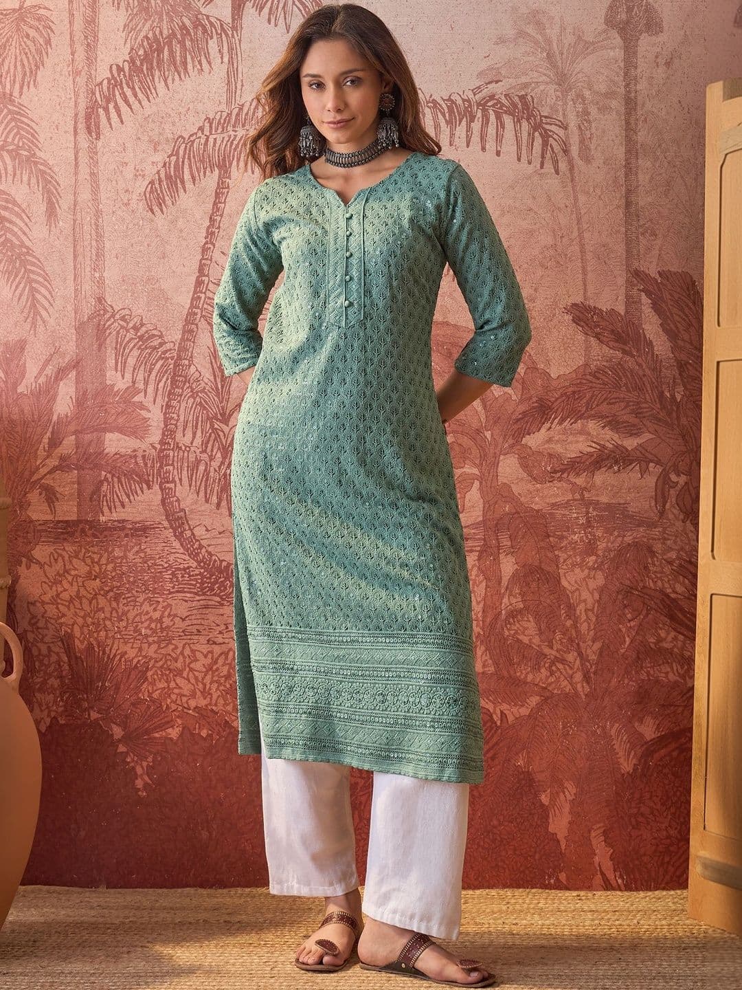 Sangria Embroidered Round Neck Straight Kurta - view 1