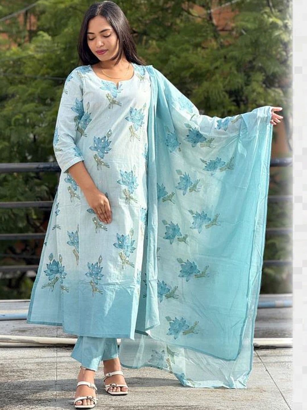 MYRIE Women Floral Printed Regular Chanderi Cotton Kurta with Trousers & With Dupatta - view 1