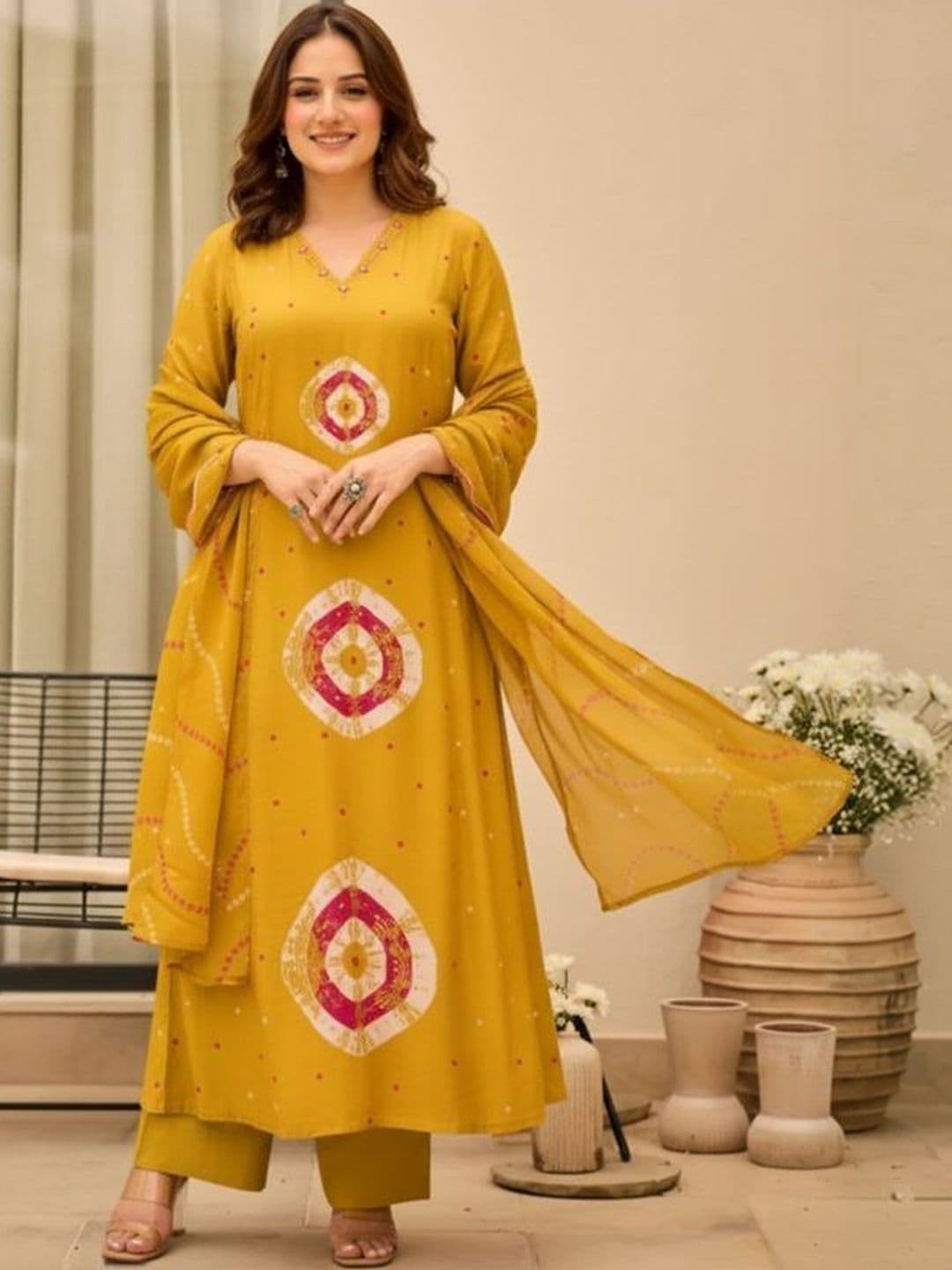 MYRIE Women Bandhani Printed Regular Chanderi Cotton Kurta with Palazzos & With Dupatta - view 1