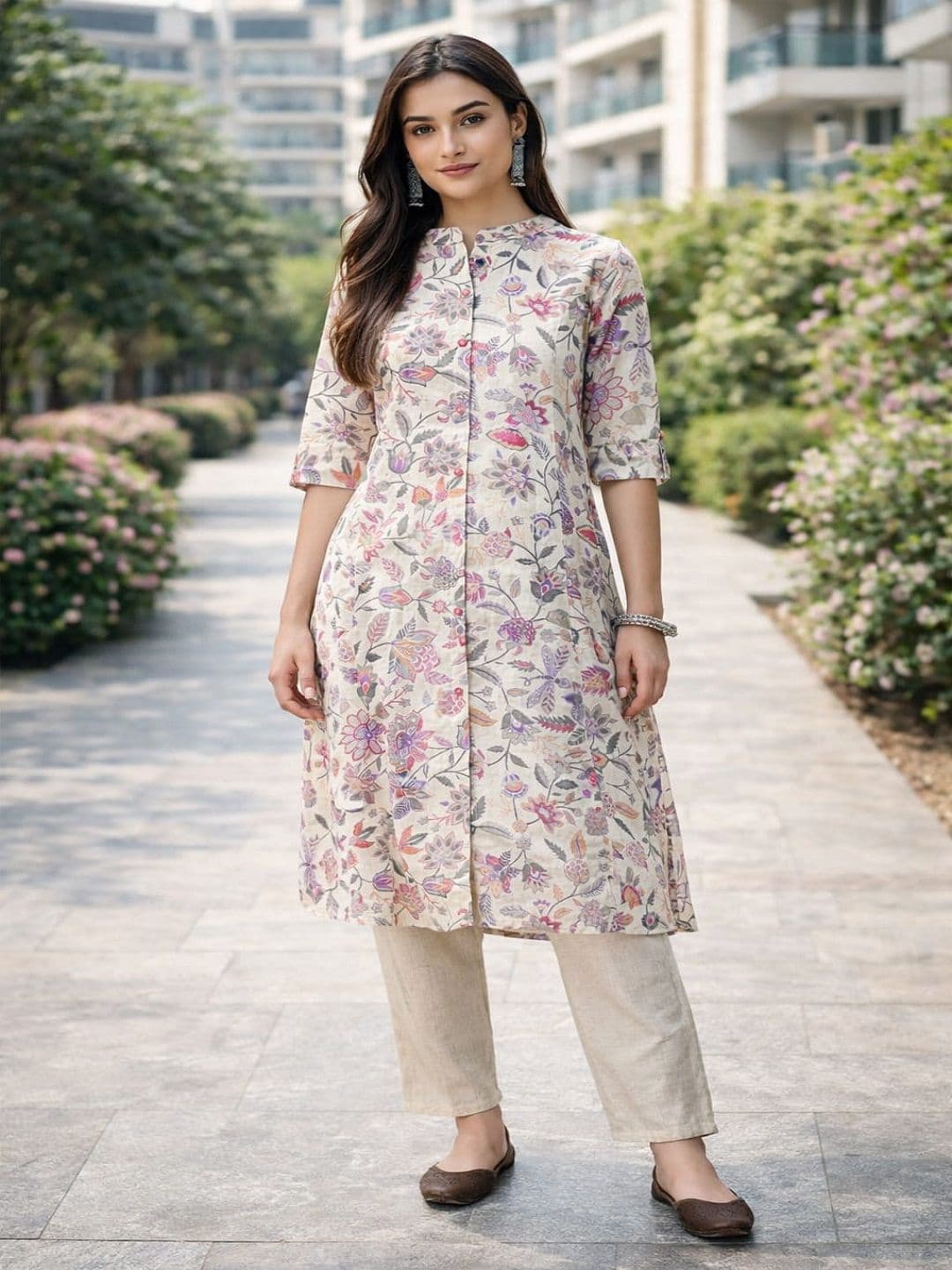 Sangria Pink Floral Printed Cotton A-line Kurta - view 1