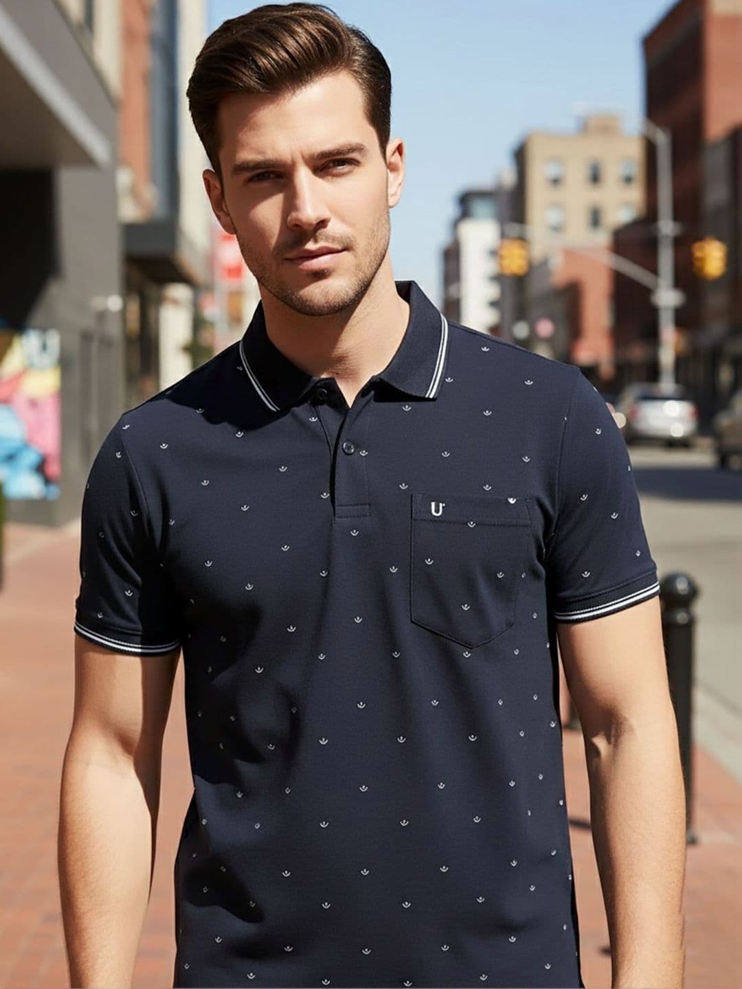 UNIBERRY Men Printed Polo Collar Pockets T-shirt - view 1