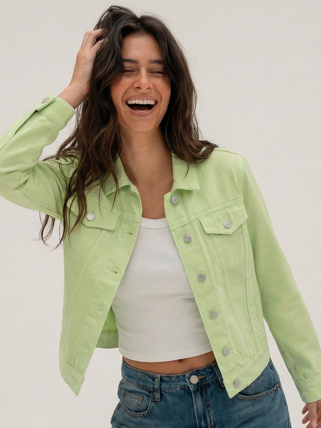 Tokyo Talkies Women Green Solid Denim Jacket - view 1