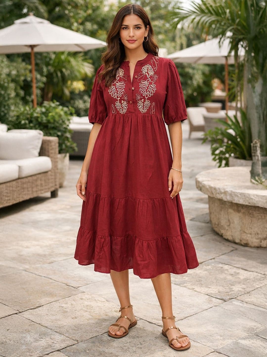 Sencei Ethnic Fusion A-Line Dress with Premium Thread Embroidery - view 1