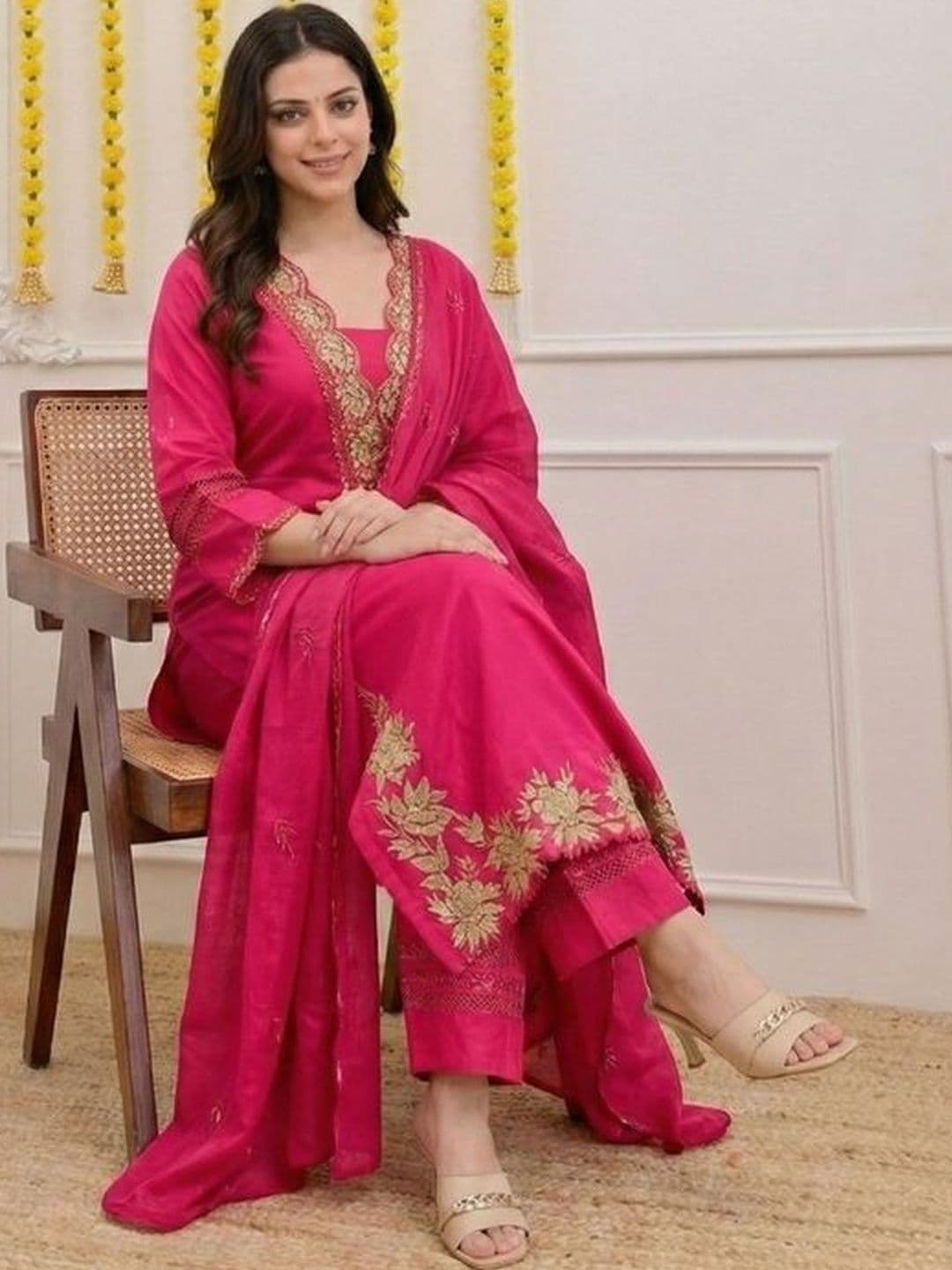 MYRIE Women Ethnic Motifs Embroidered Regular Thread Work Chanderi Cotton Kurta with Palazzos & With Dupatta - view 1