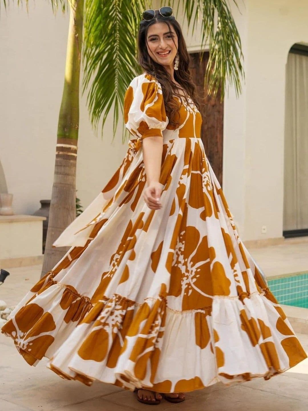 Ethnic Yard Floral Print Puff Sleeve Linen A-Line Maxi Dress - view 1
