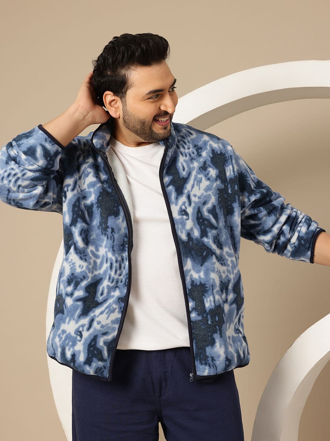 Sztori Plus Size Abstract Printed Stand Collar Fleece Tailored Jacket - view 1