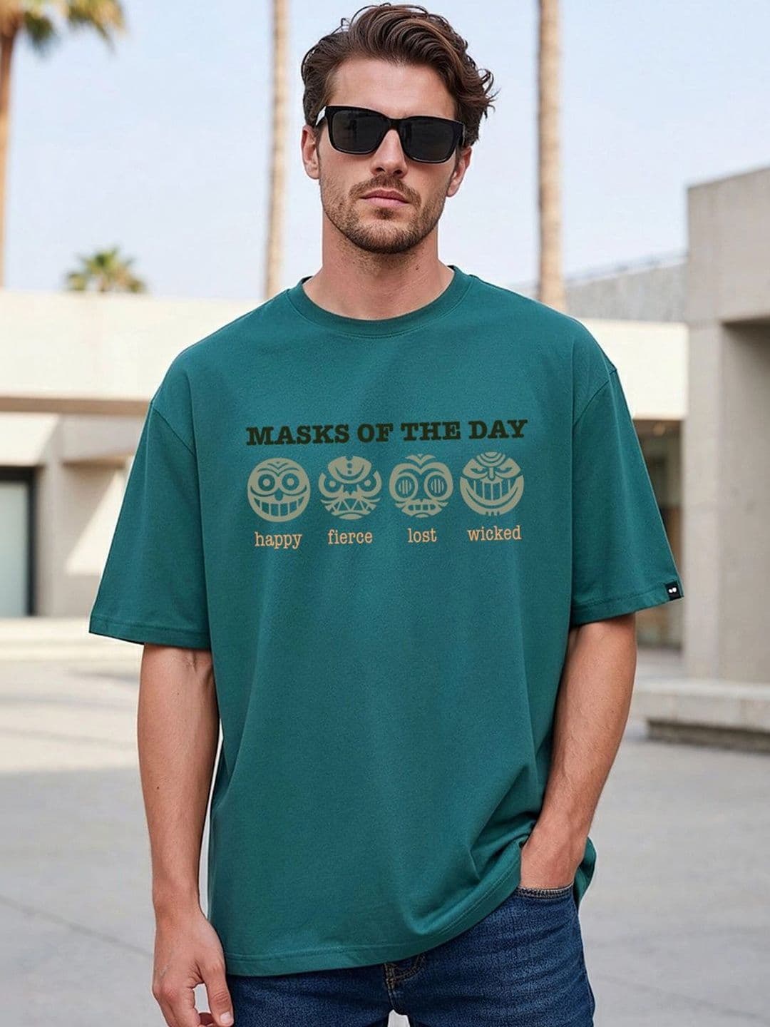 Bewakoof Men Green Masks Graphic Printed Oversized T-shirt - view 1
