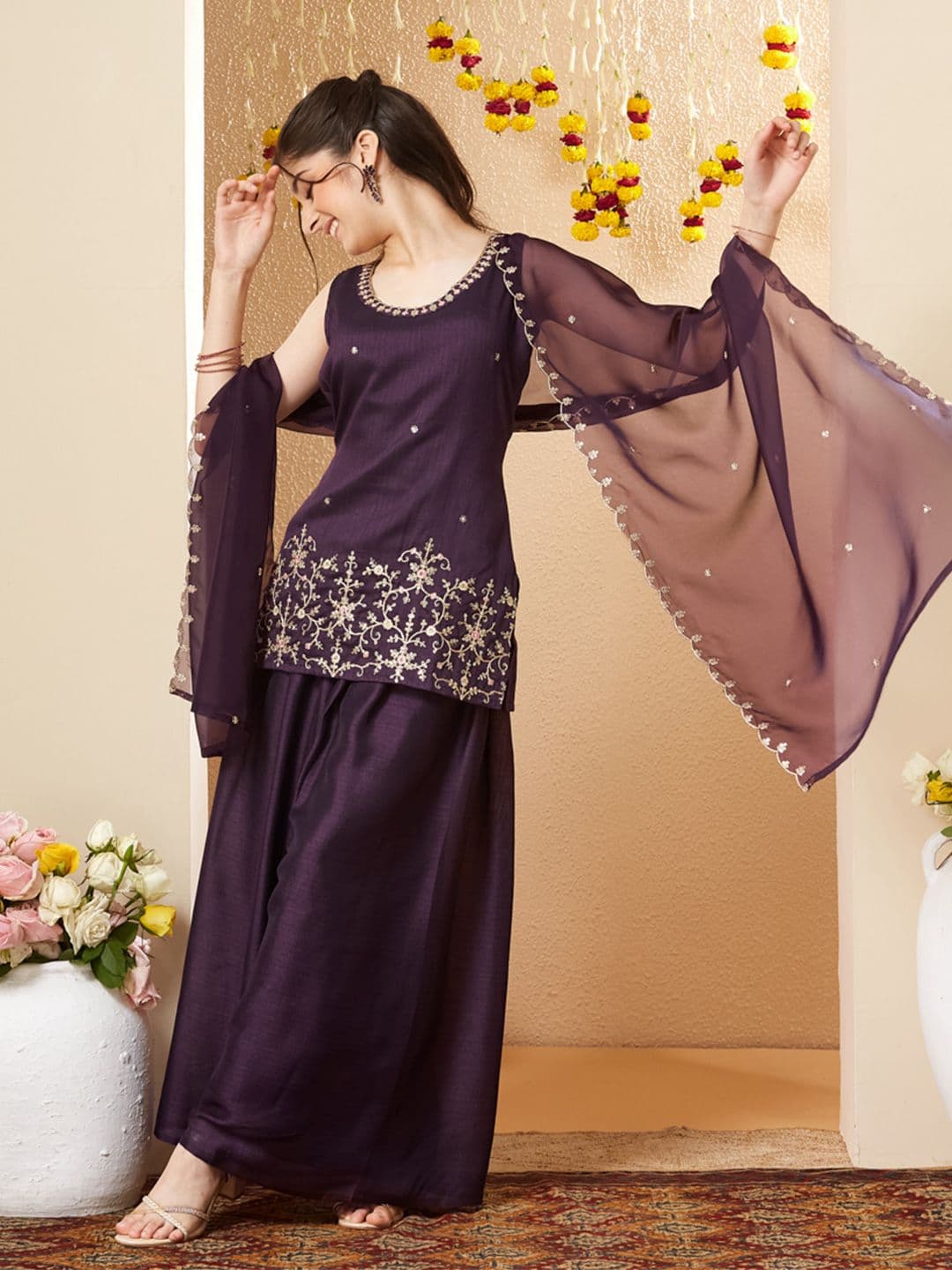 CurlyTales Girls Silk Embroidered Kurta and Palazzo Set with Dupatta - view 1
