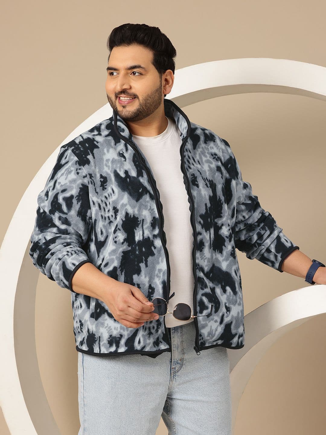 Sztori Plus Size Abstract Printed Stand Collar Fleece Tailored Jacket - view 1