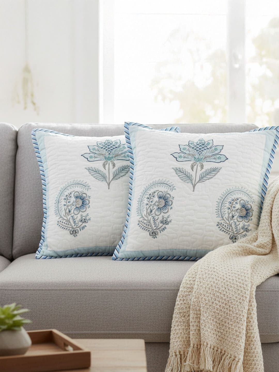 HOMEMONDE Blue 2 Pieces Floral Square Cushion Covers - view 1