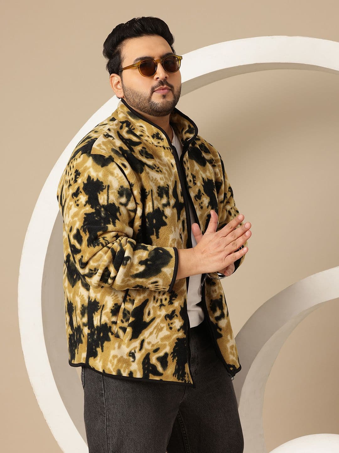 Sztori Plus Size Abstract Printed Stand Collar Tailored Jacket - view 1