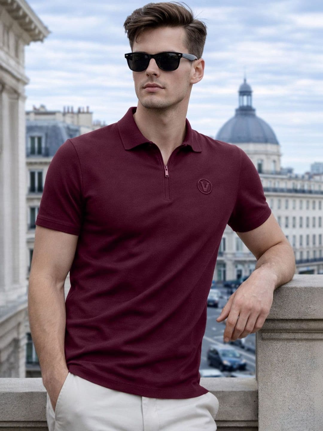 VEIRDO Men Polo Collar Pure Cotton Applique T-shirt - view 1