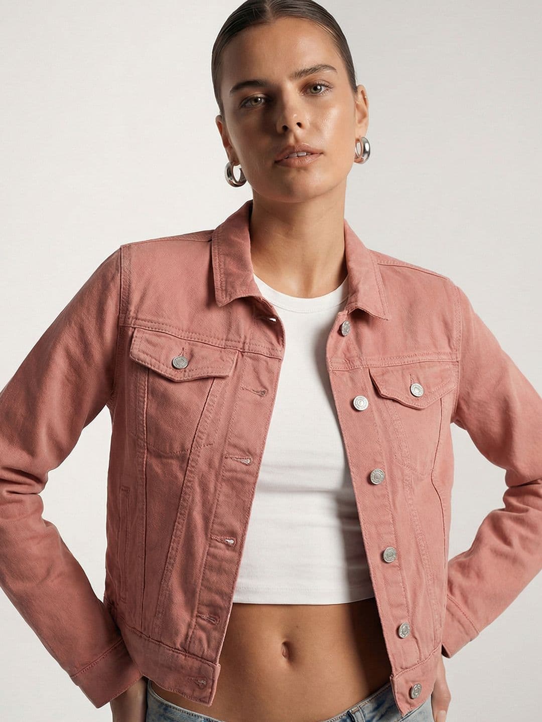 Tokyo Talkies Women Pink Solid Denim Jacket - view 1
