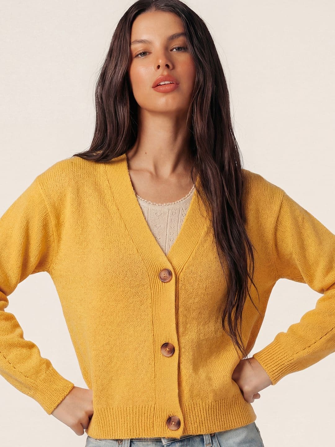 Tokyo Talkies Women Mustard Solid Long Sleeve Cardigan Sweater - view 1