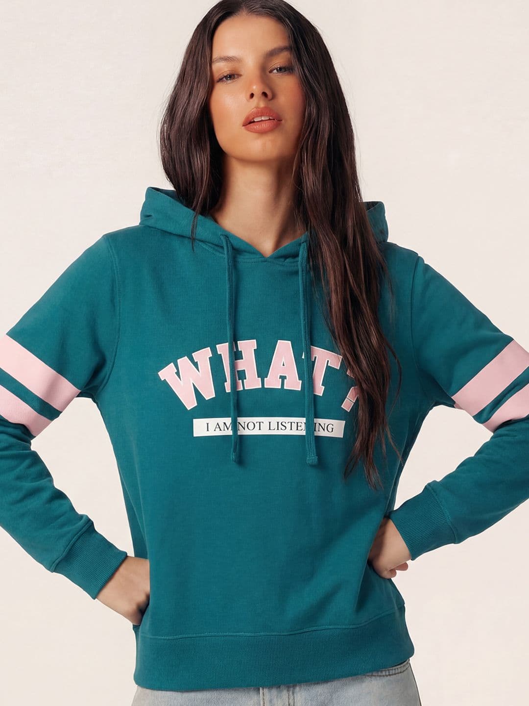 Tokyo Talkies Women Teal Green Printed Hooded Sweatshirt - view 1