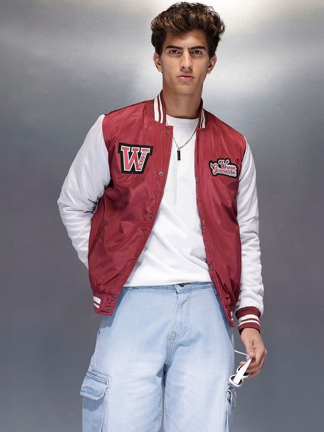 WROGN Men Colourblocked Varsity Jacket with Patchwork - view 1