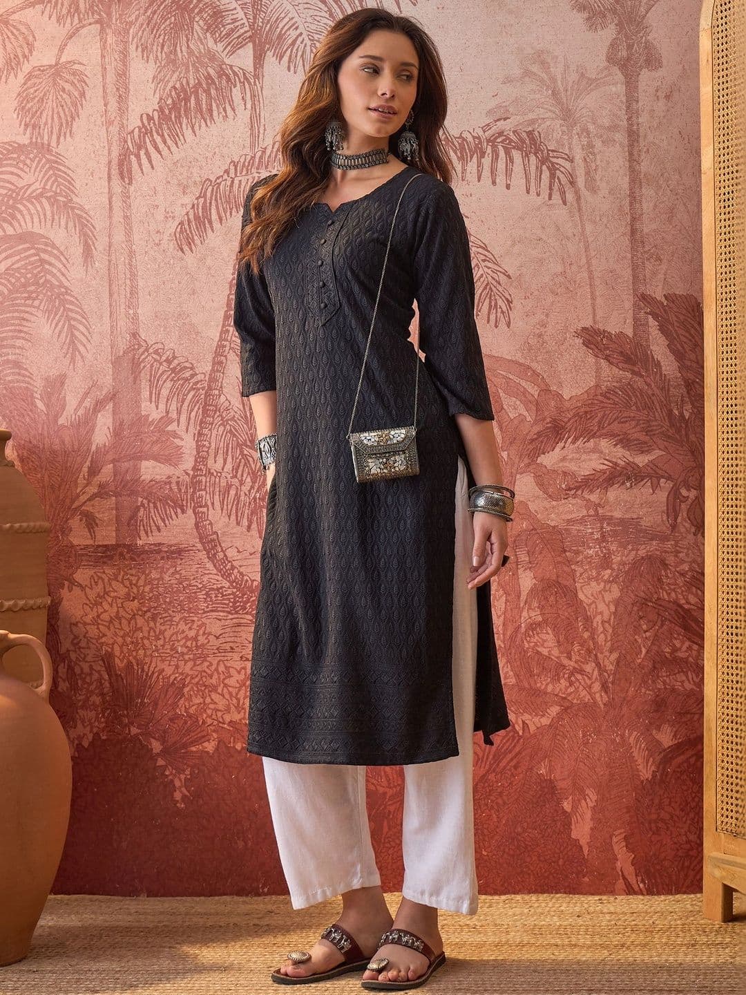 Sangria Embroidered Round Neck Calf Length Straight Kurtas - view 1