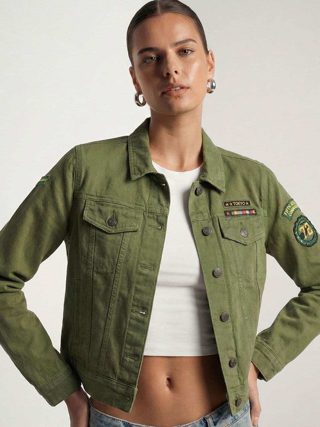 Tokyo Talkies Women Olive Green Solid Denim Jacket - view 1