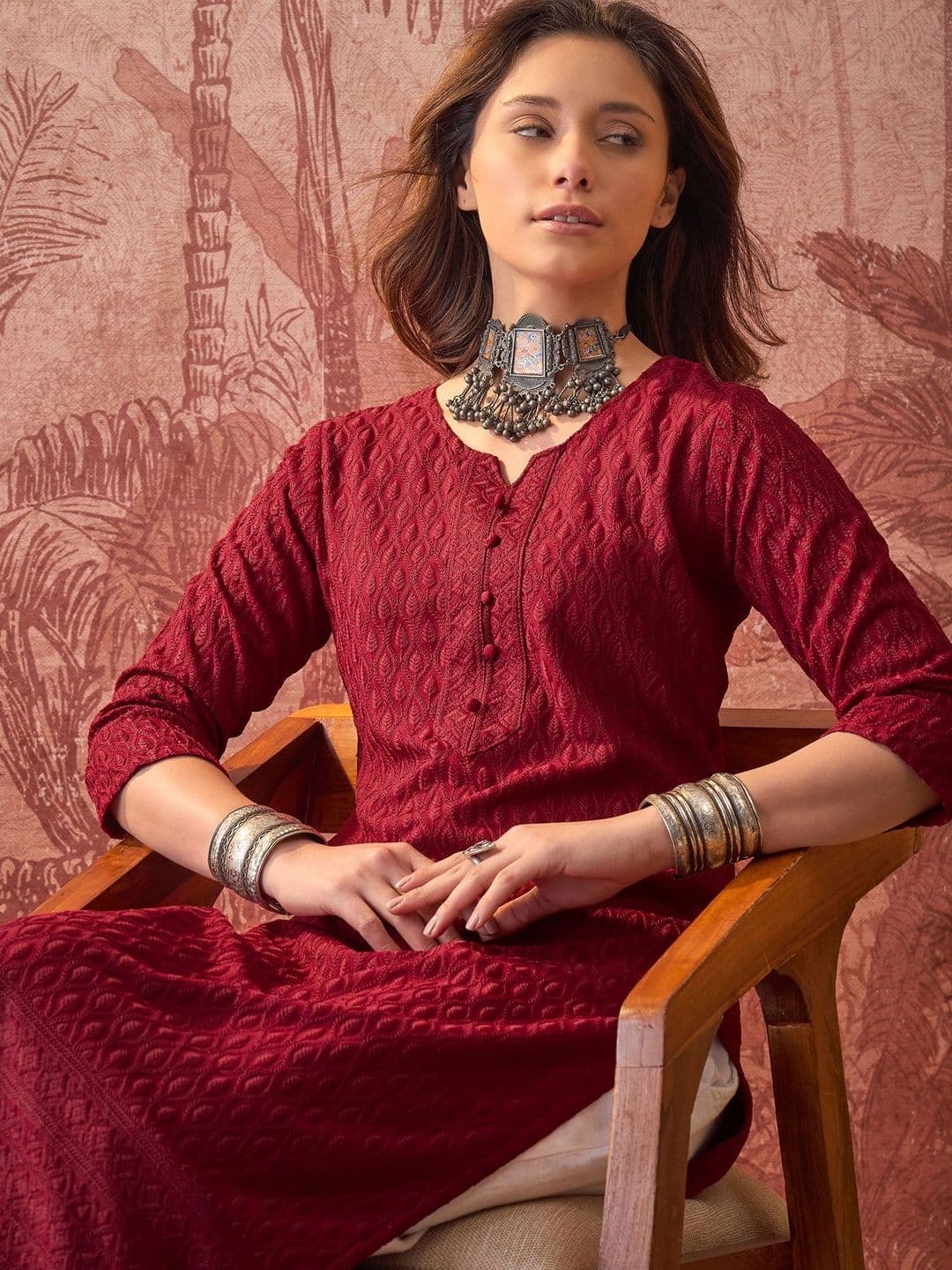 Sangria Embroidered Round Neck Calf Length Straight Kurtas - view 1