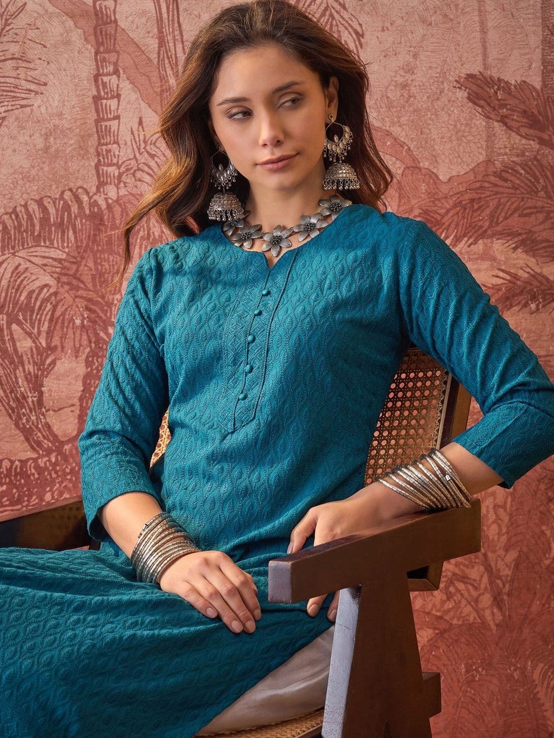 Sangria Embroidered Round Neck Calf Length Straight Kurtas - view 1