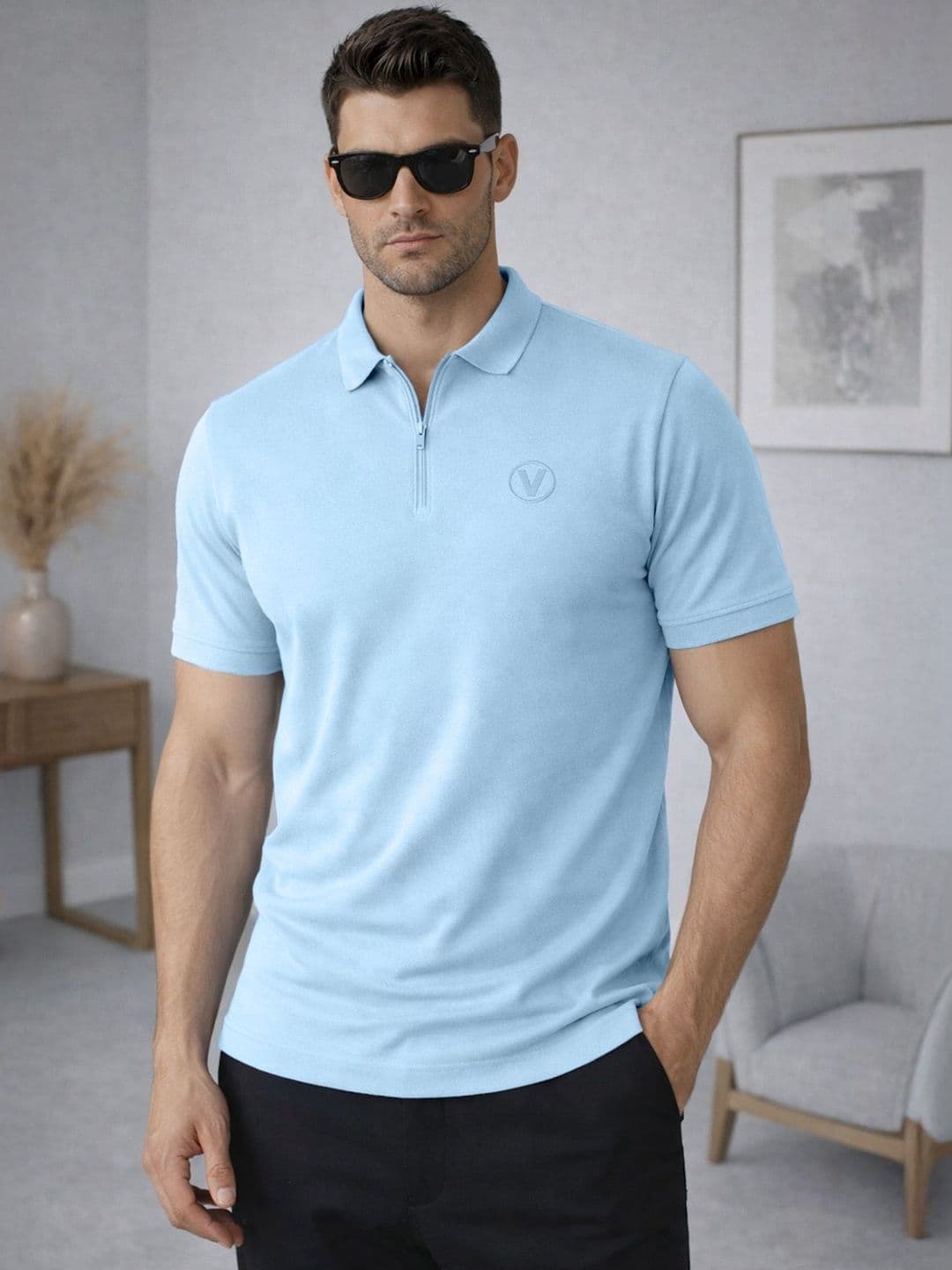 VEIRDO Men Polo Collar Pure Cotton Applique T-shirt - view 1