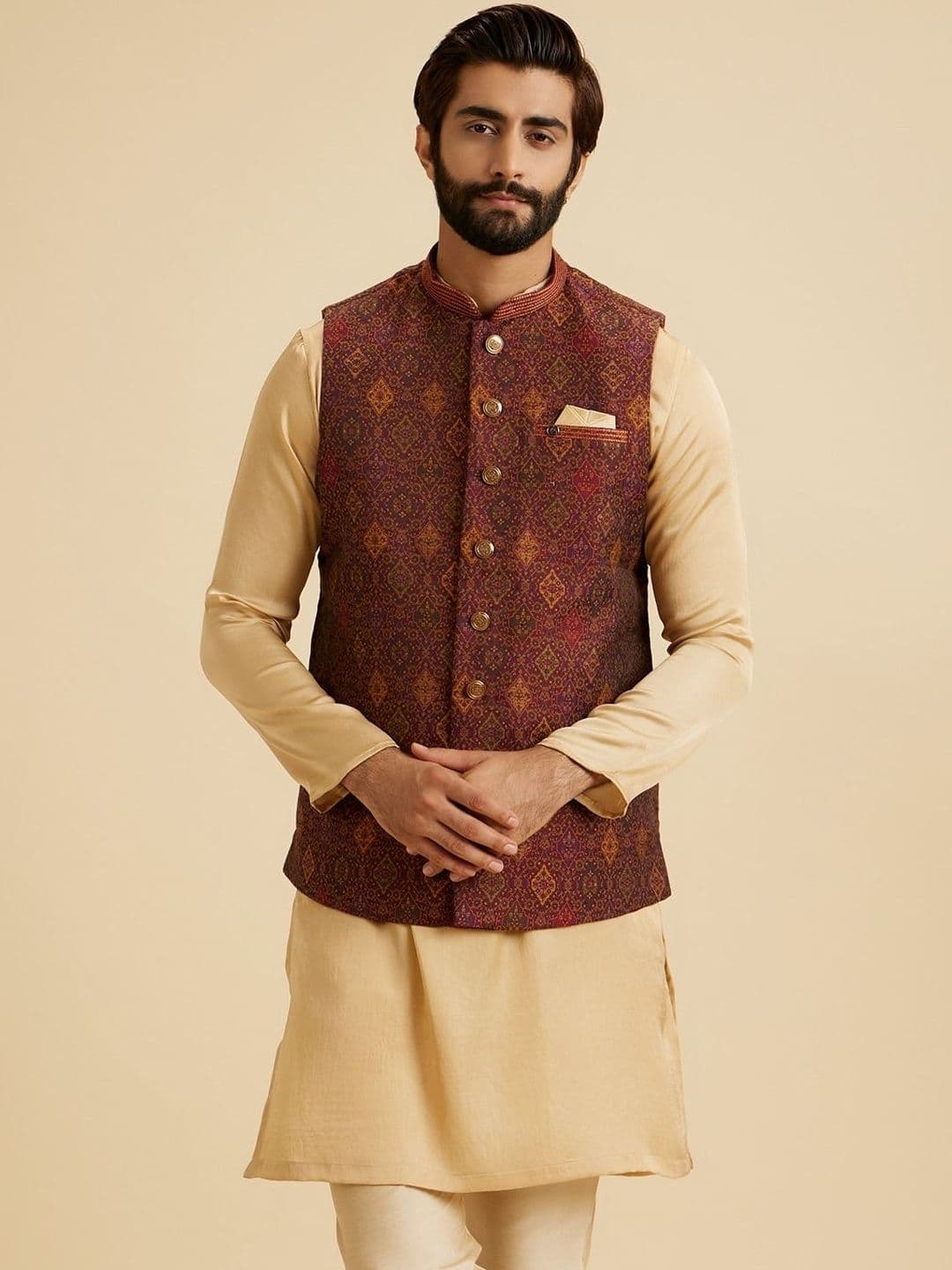 Manyavar Printed Mandarin Collar Nehru Jacket - view 1