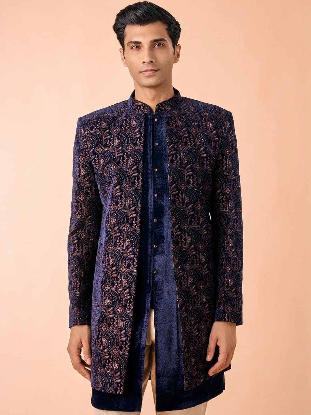 Manyavar Embroidered Mandarin Collared Shervani Set - view 1