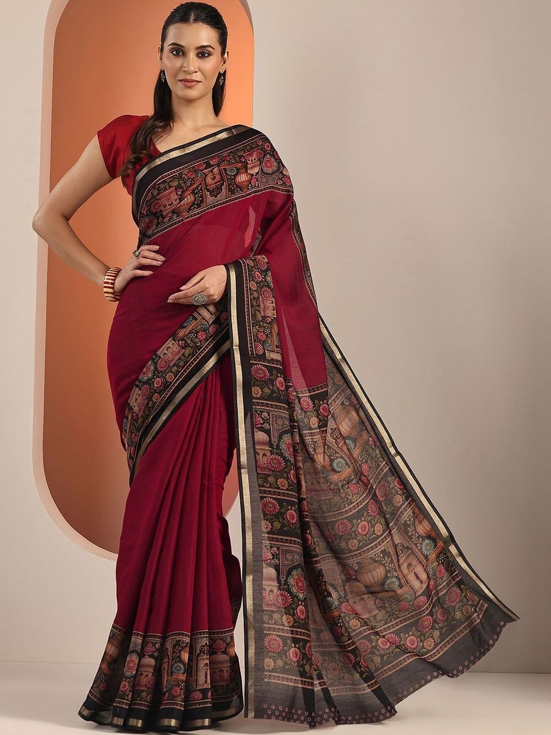 Libas Maroon Solid Cotton Blend Saree With Unstitched Blouse Piece - view 1