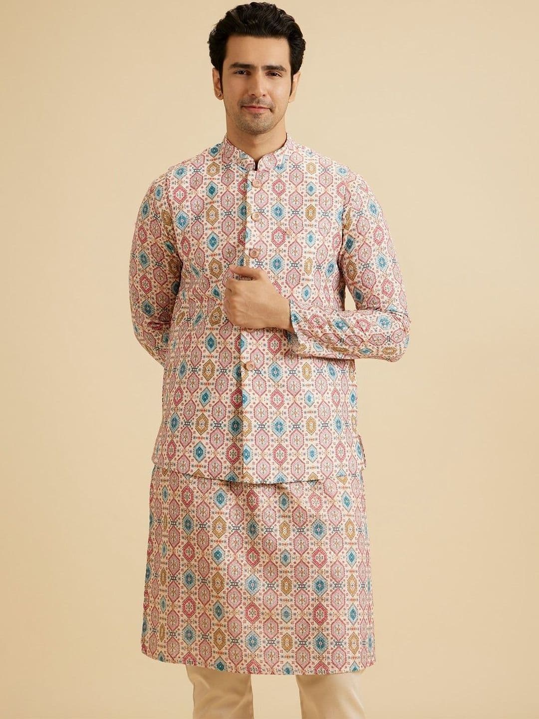 Manyavar Printed Mandarin Collar Nehru Jacket - view 1