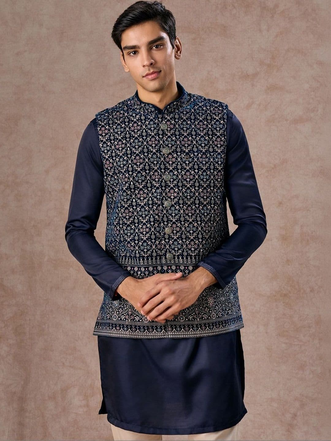Manyavar Embroidered Velvet Woven Nehru Jackets - view 1