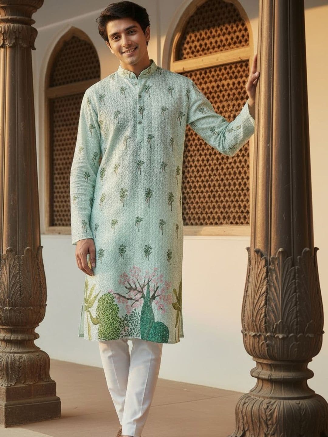 House of Pataudi Embroidered Cotton Mandarin Collar Knee Length Straight Kurta - view 1